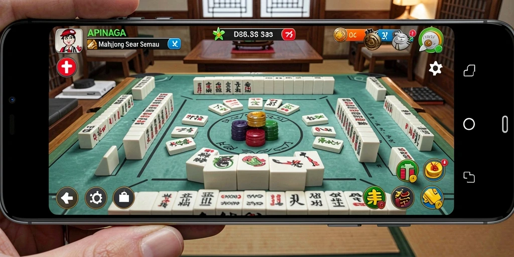 Tampilan screenshot utama APINAGA dengan gameplay Mahjong yang seru.