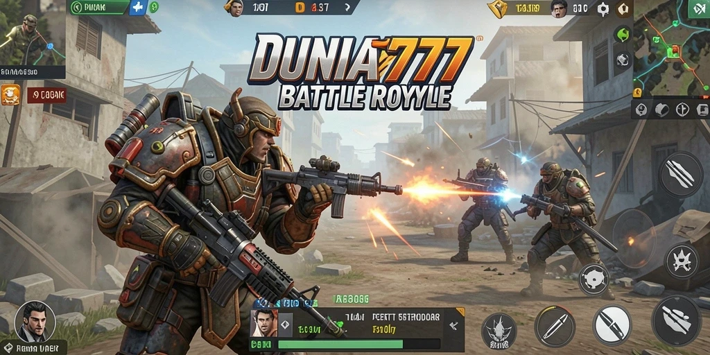 Screenshot utama DUNIA777 menampilkan pertempuran intens di arena Battle Royale.