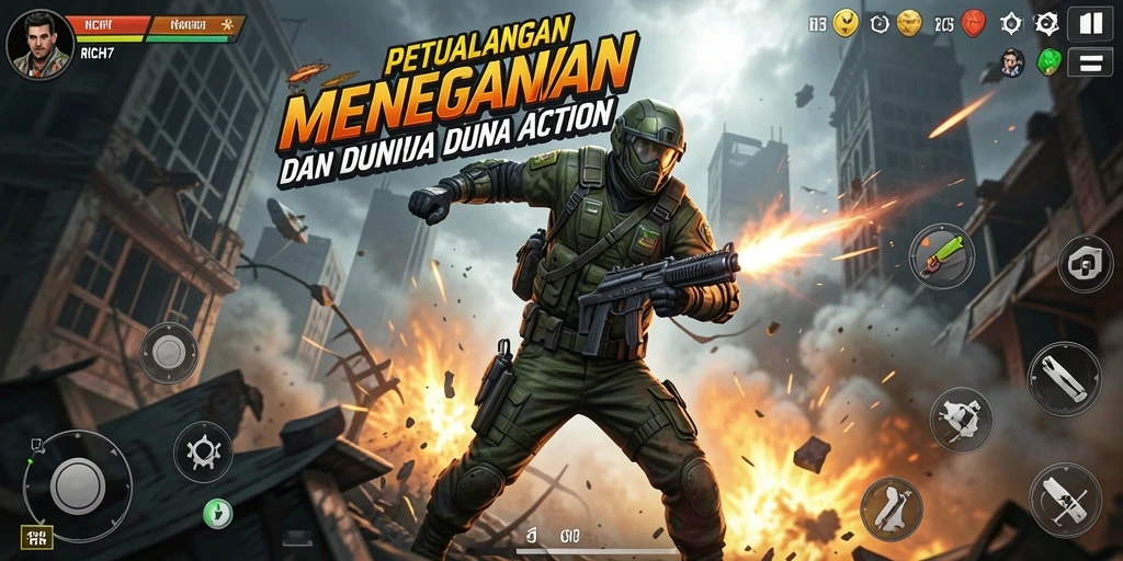 Tangkapan layar utama RICH7 menampilkan aksi seru dan grafis yang menakjubkan.